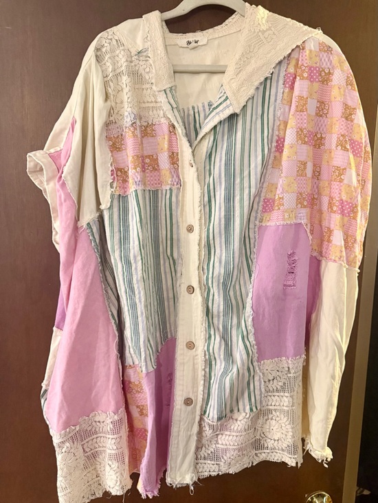 Bluevelvet Tops - BlueVelvet OVERSIZED Patchwork Button-Up Shirt - Pink, Cream & Green Stripes